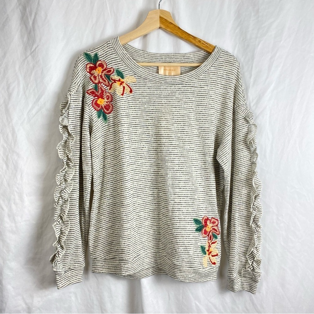 Skies Are Blue Womens Knit Top Stripe Embroidered Ruffle Pullover Shirt Size XS